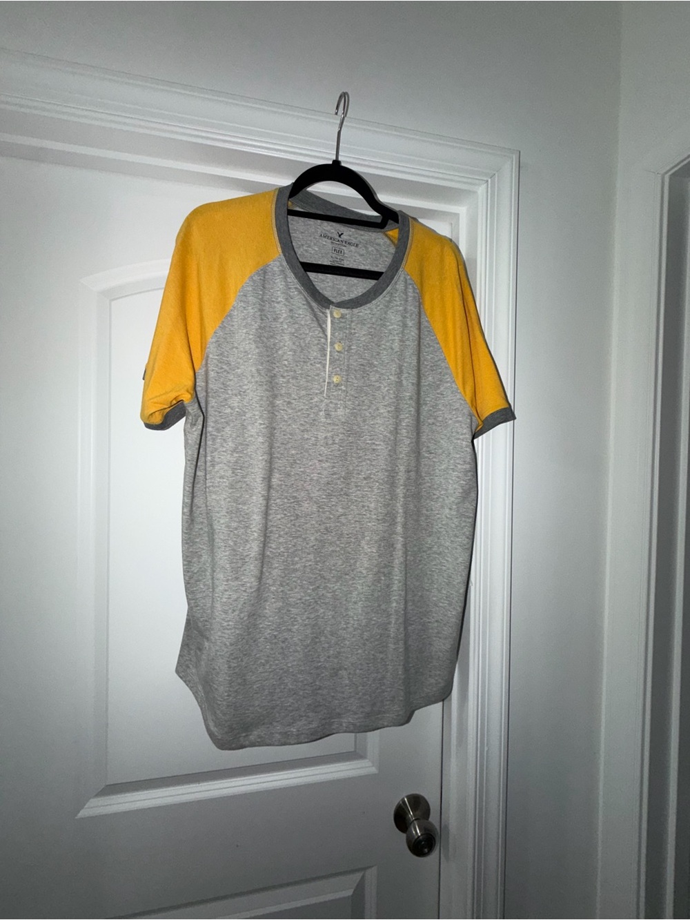 American Eagle Outfitters Grey Body with Yellow Raglan Short-Sleeve Henley